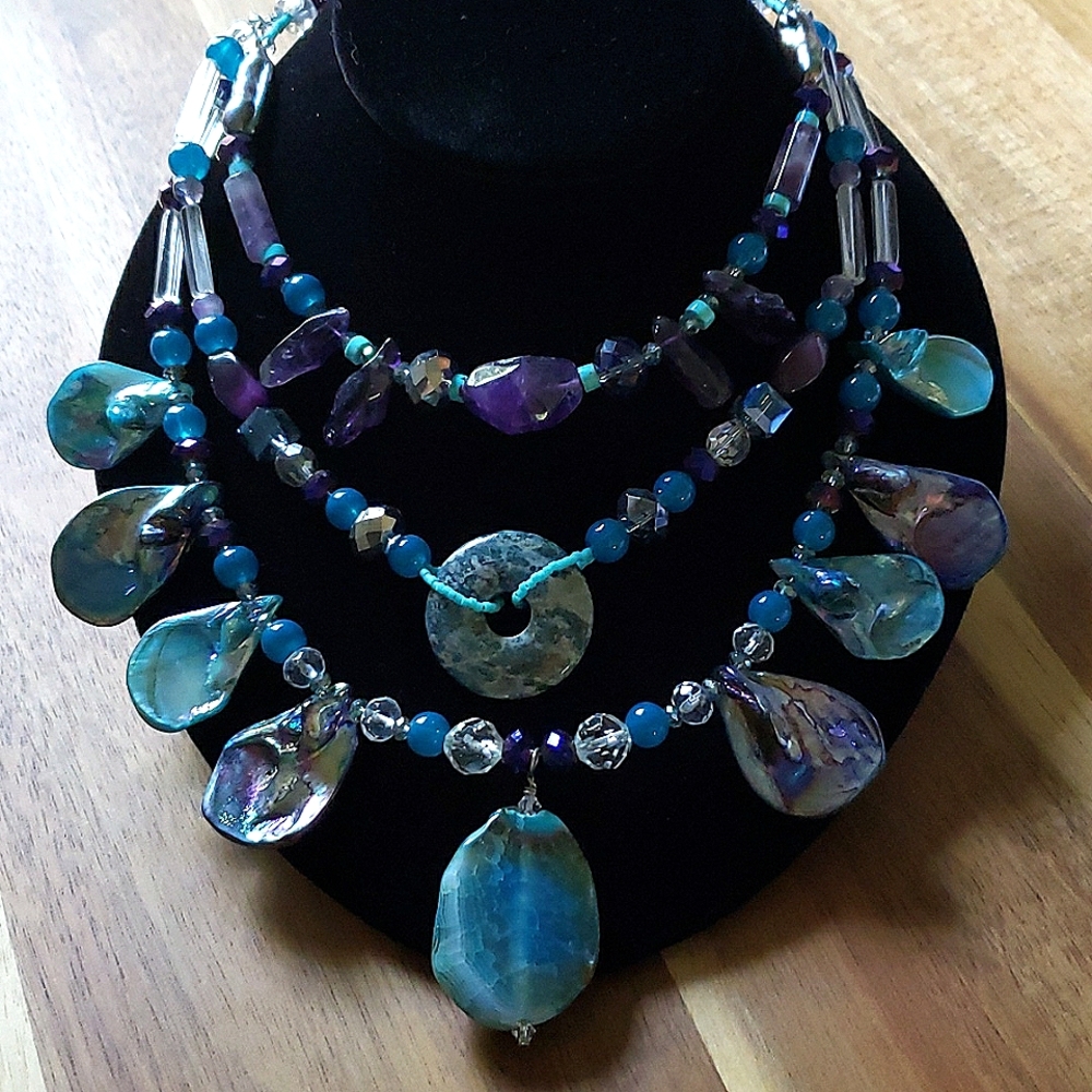 NWT Aqua Druzy, Purple Amethyst triple adjustable 21"-26" necklace & earring set